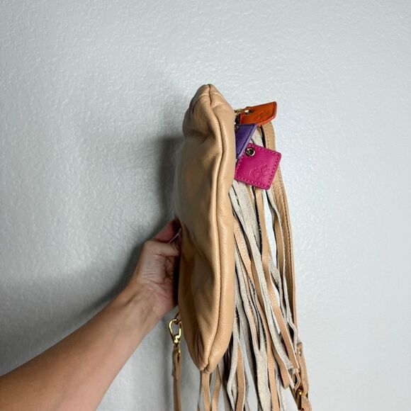 Claudia G camel tan supple genuine leather fringe foldover crossbody bag - Picture 6 of 12